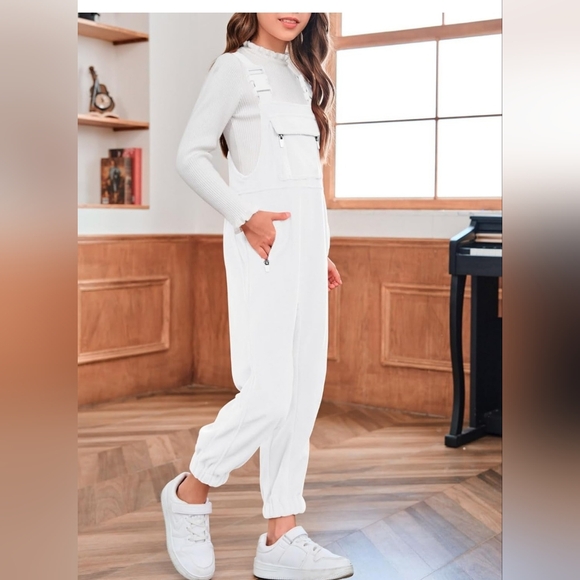 White Warm Fleece Overalls/jumpsuit for Girls, Size 9/10. - Picture 2 of 5